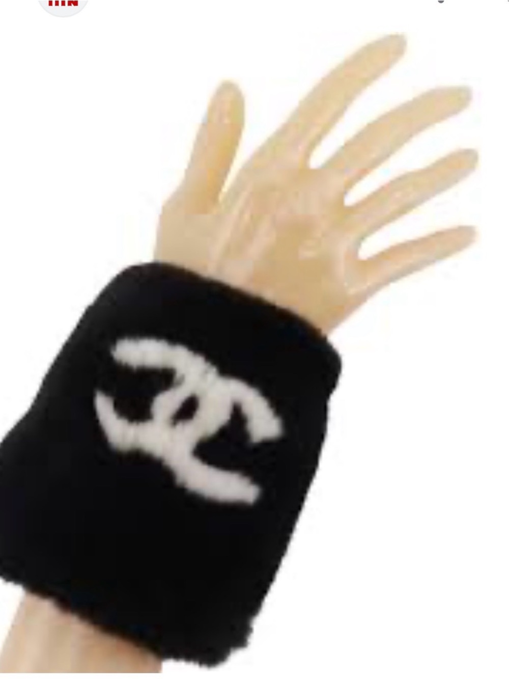 CHANEL Black Faux Fur Wrist Cuff with White Logo Accent